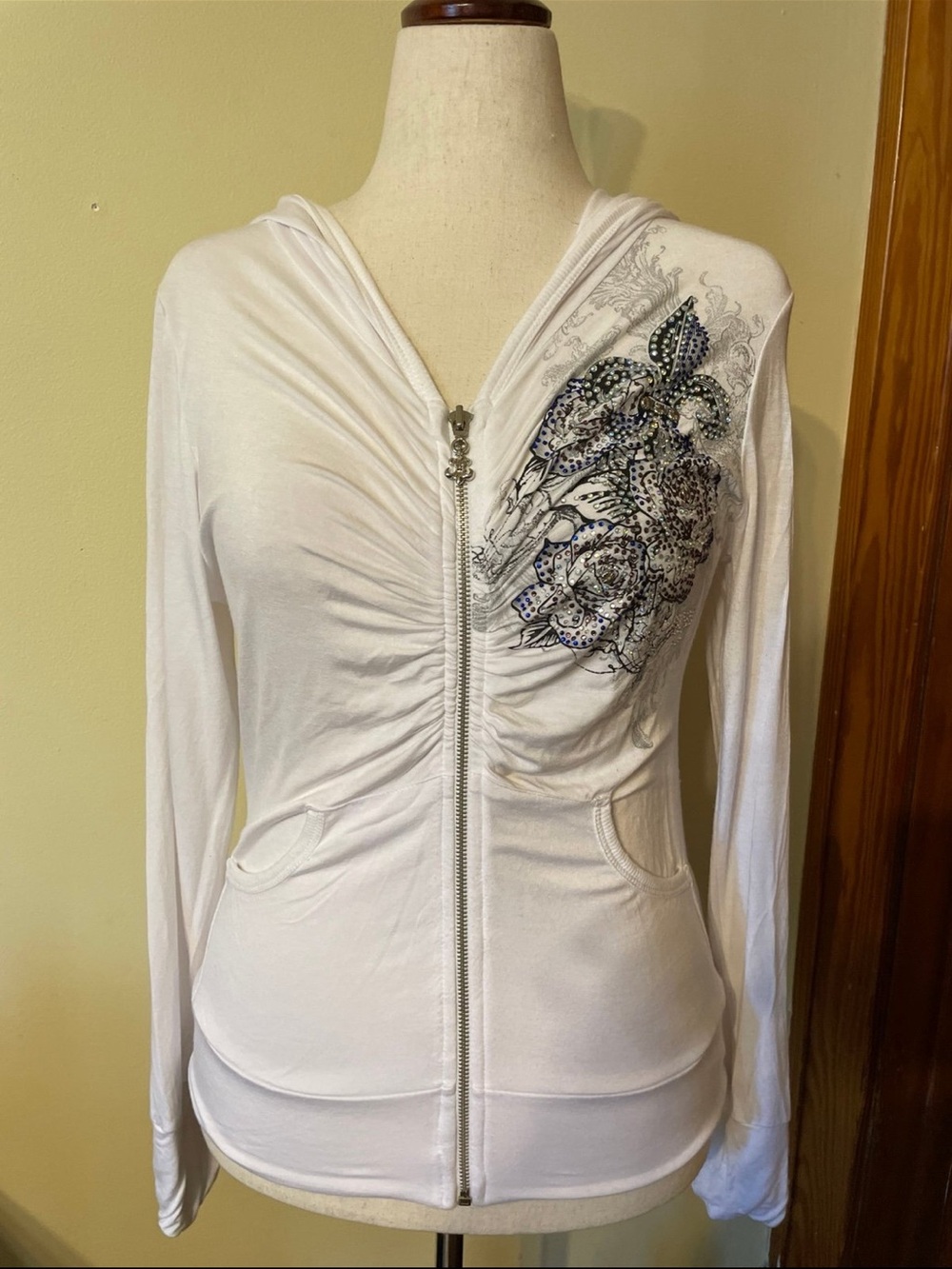 Aria White Hooded Zip-Up Top with Floral Embellishment